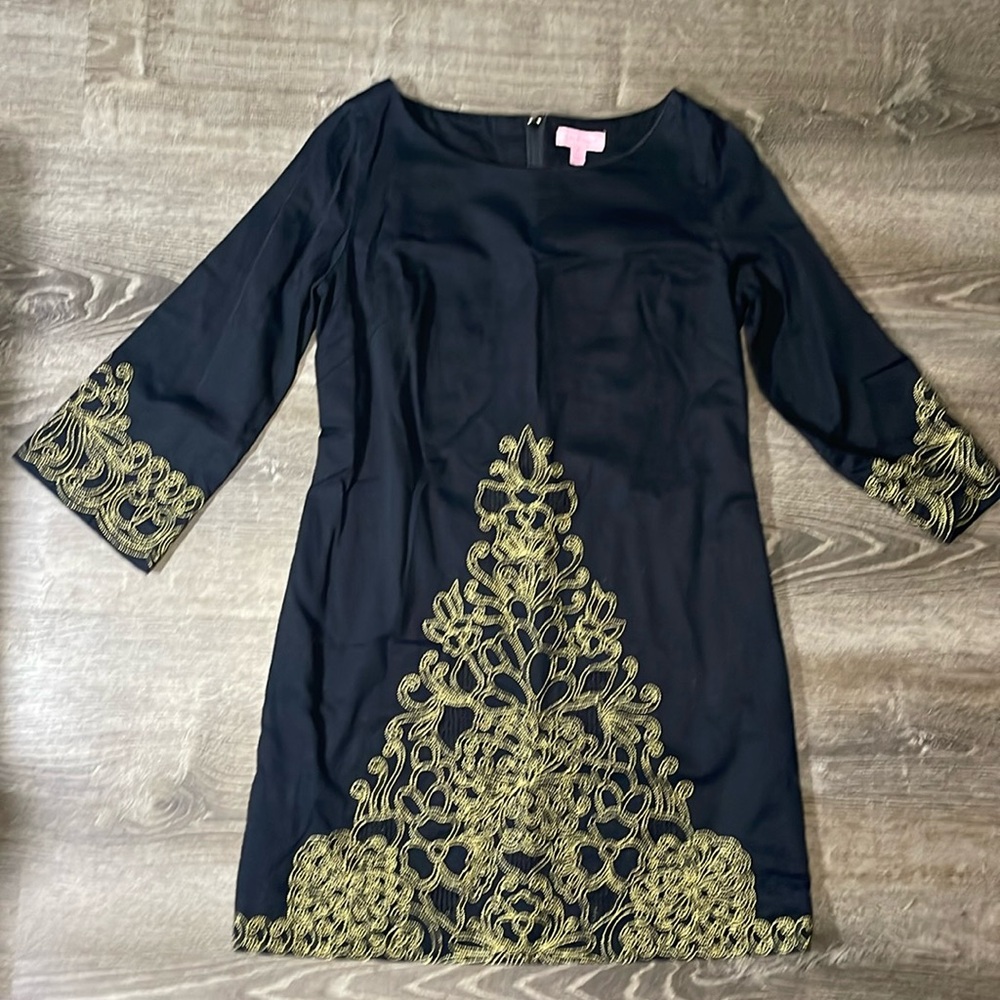 Lilly Pulitzer Shauna Black Tunic with Gold Embroidery Size 4